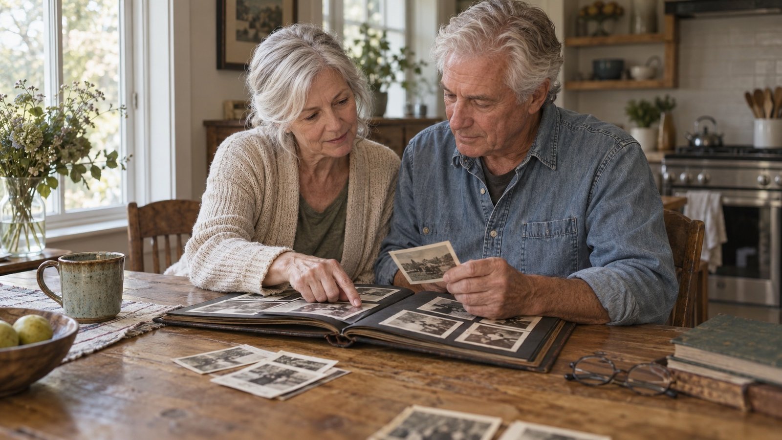 Two older adults looking through a photo album